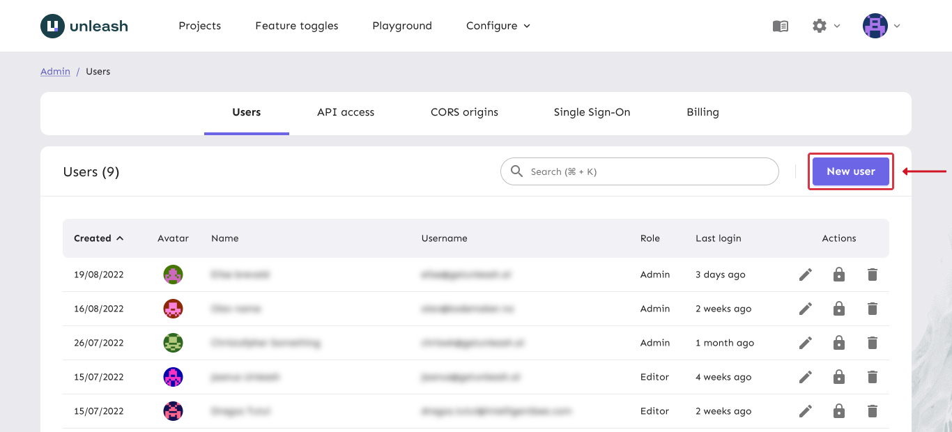 The Unleash users page with the &#39;add new user&#39; button being pointed to.